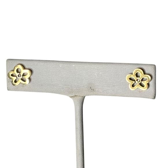 Open Flower Stud Earrings - Gold Tone with Cubic Zirconia Center - Picture 1 of 3